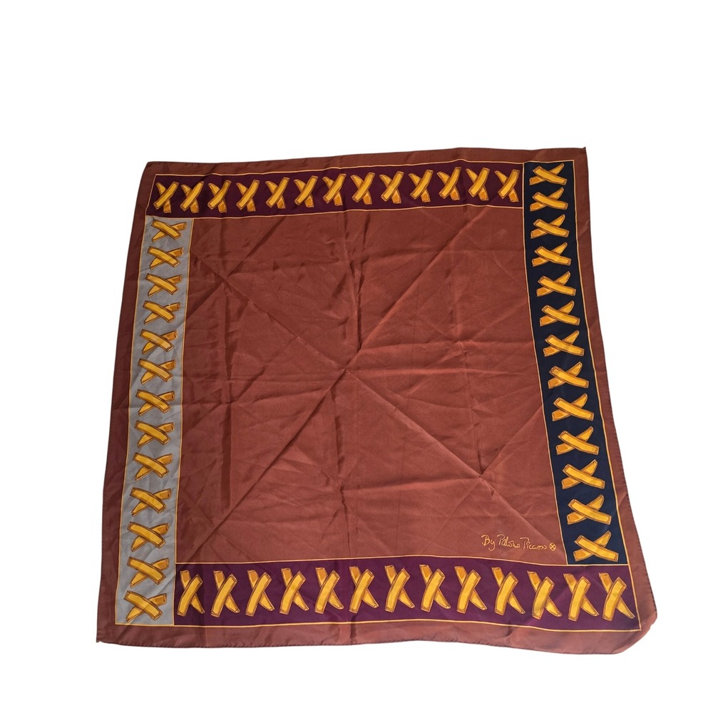 Paloma Picasso Silk Scarf Brown Gold X Border Square Hand Rolled 35 Inch